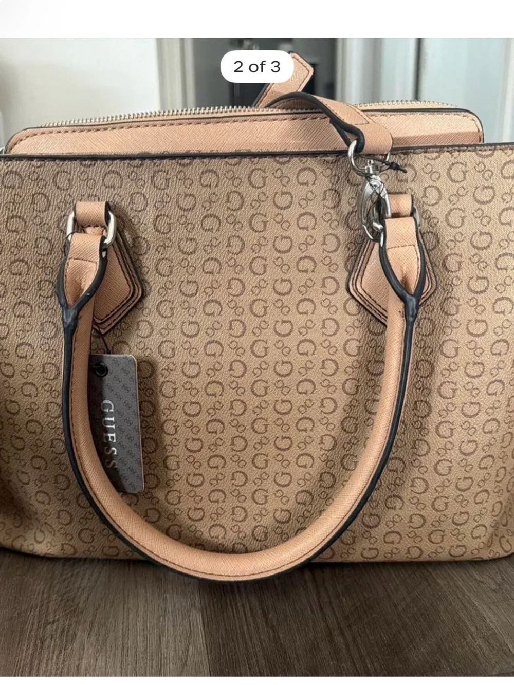 GUESS Tan Monogram Satchel with Beige Trim